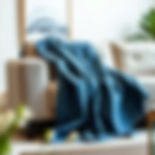 Elegant blue patterned throw blanket draped over a modern sofa