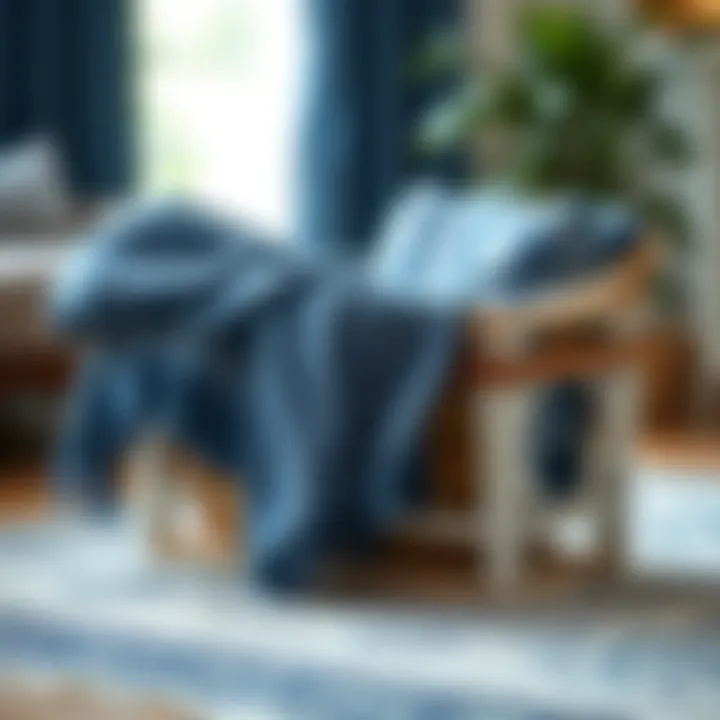 Stylish arrangement of blue throw blankets in a decorative basket