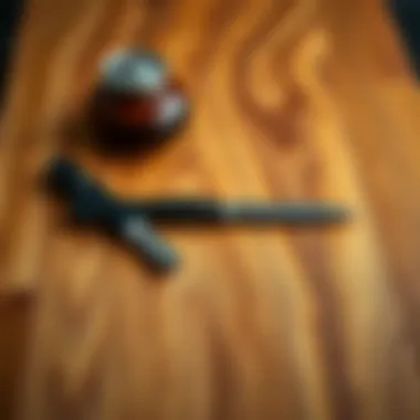 An oak butcher block surface with tools arranged aesthetically