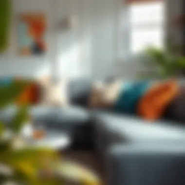 Color Palette Inspiration Color palette inspiration featuring throw pillows on a grey sofa.