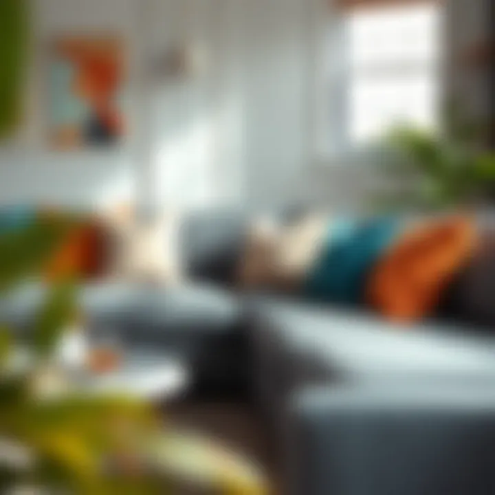 Color Palette Inspiration Color palette inspiration featuring throw pillows on a grey sofa.