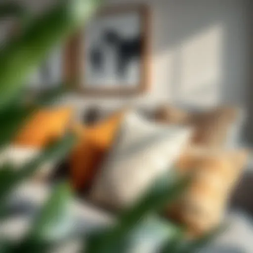 A harmonious blend of throw pillows on a grey sectional sofa.