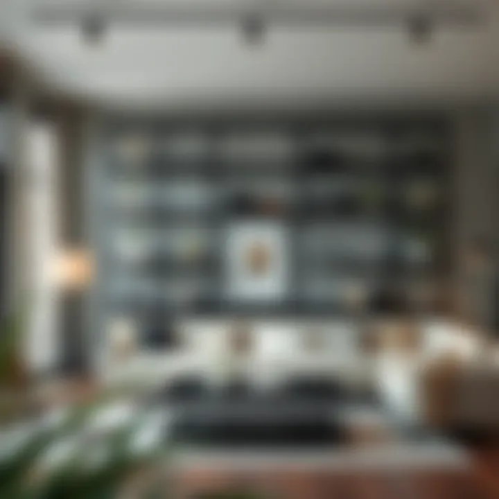 Black industrial shelves in a chic living room setup