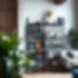 Stylish black industrial shelf showcasing books and decor