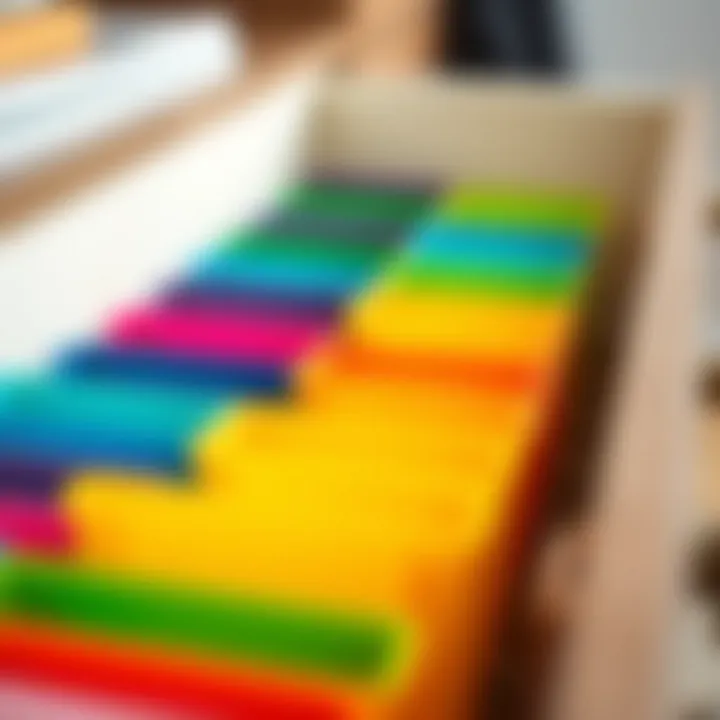 Colorful plastic drawer dividers neatly arranged in a drawer