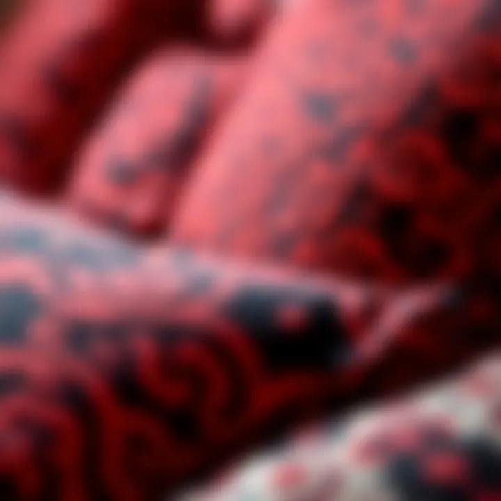 Close-up of textured red and black decorative pillows showcasing unique patterns