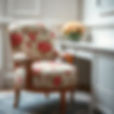 A vintage-inspired vanity chair adorned with floral upholstery, highlighting classic design elements