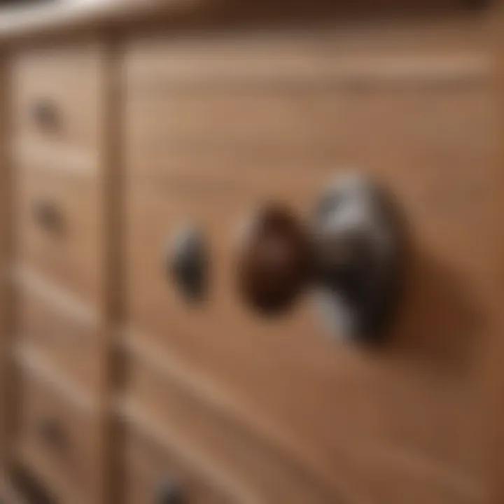 Installation process of handle knobs on a wooden dresser, emphasizing ease and technique.