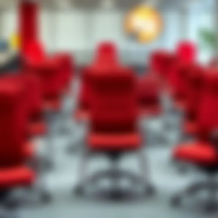 Diverse styles of red conference chairs arranged in a workspace