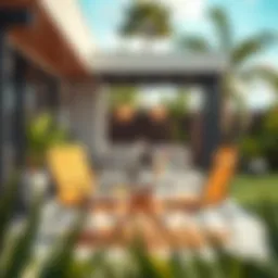 Stylish tan stackable patio chairs in a modern outdoor setting