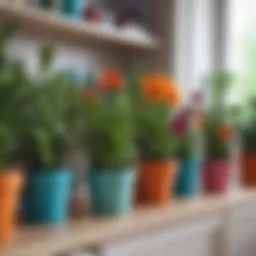 A close-up view of vibrant mini plastic flower pots with assorted plants