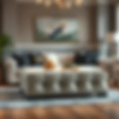 Ottoman as a Chic Coffee Table Alternative An elegant square fabric ottoman used as a coffee table alternative in a chic lounge area.