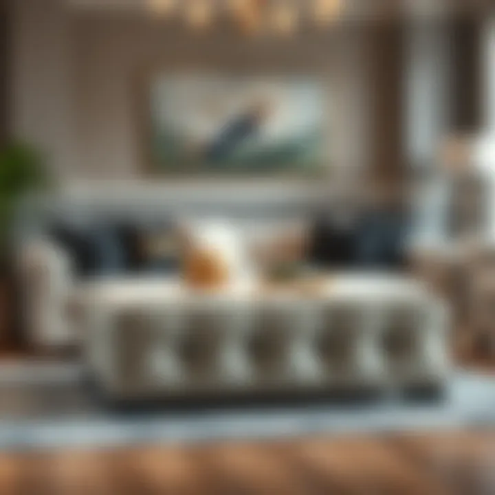 Ottoman as a Chic Coffee Table Alternative An elegant square fabric ottoman used as a coffee table alternative in a chic lounge area.