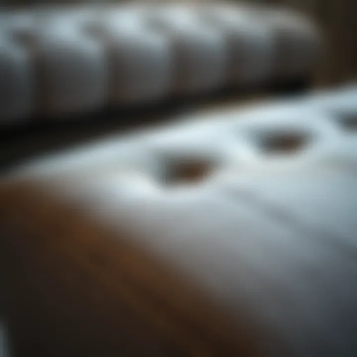 Detailed View of Fabric and Craftsmanship A close-up view of a textured square fabric ottoman highlighting its material and craftsmanship.