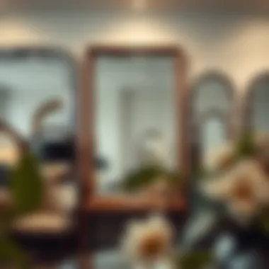 Various styles of oversized beveled mirrors displayed in a boutique