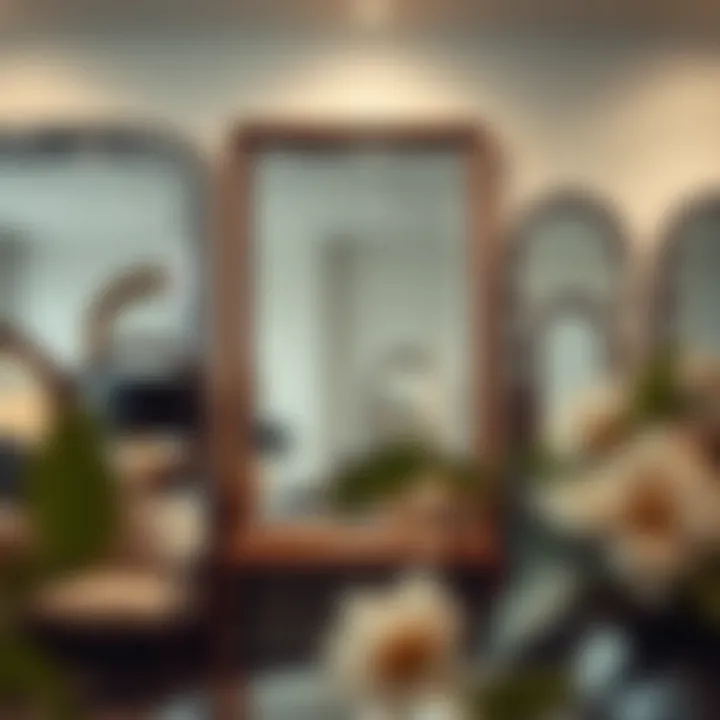 Various styles of oversized beveled mirrors displayed in a boutique