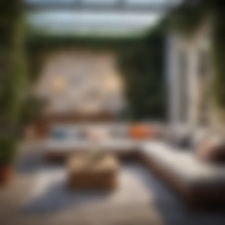 Serene patio scene featuring small L-couch with decorative cushions