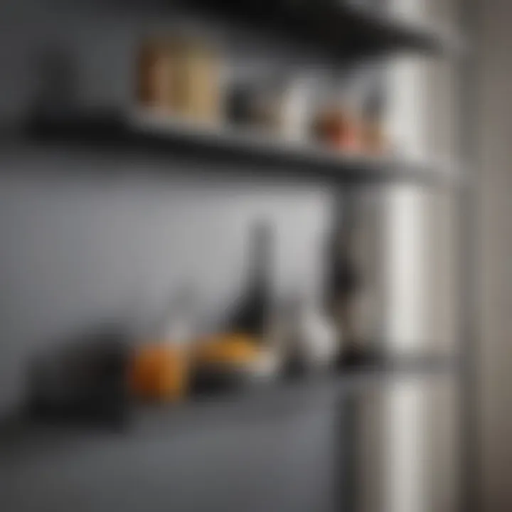 Close-up of metal shelf with decorative items