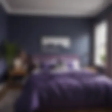 Trendy bedroom design incorporating navy and purple bedding