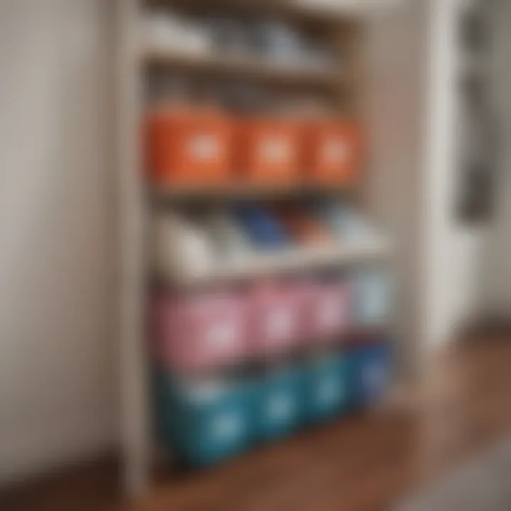 Color-coded storage bins enhancing closet organization