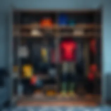 Efficient Organization of Outdoor Gear Organized outdoor clothing and equipment in cabinet