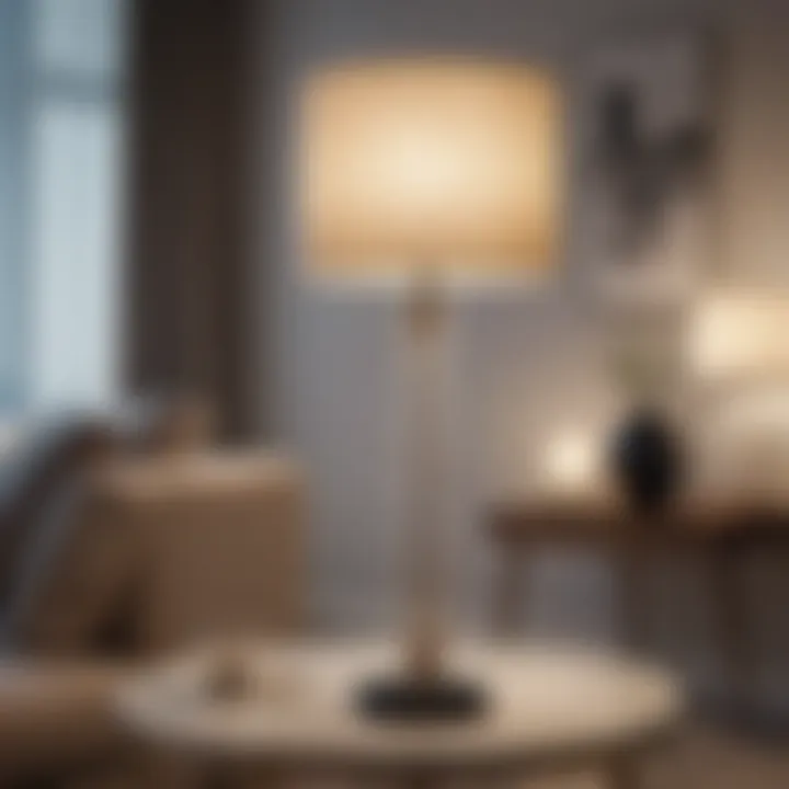 Elegant tall stick table lamp illuminating a modern living room