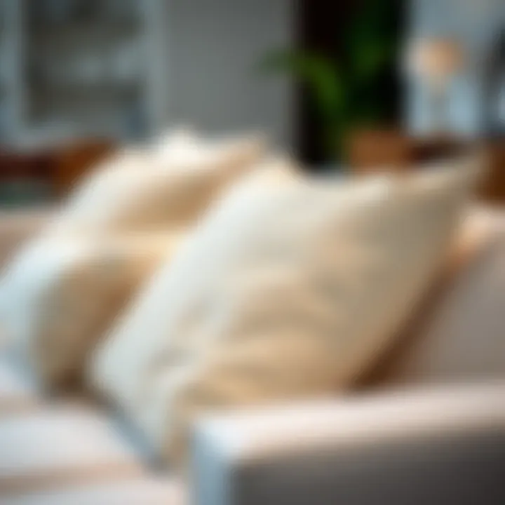 Close-up of pillows on a pristine white couch, showcasing texture and design