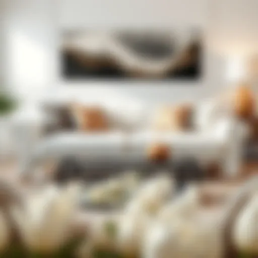 A stylish white couch with elegantly arranged pillows in a modern living room setting