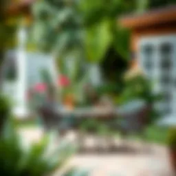 Elegant brown steel patio table set in a serene outdoor setting