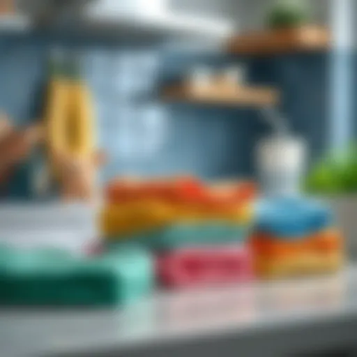 Variety of colorful kitchen cleaning cloths displayed on a countertop.