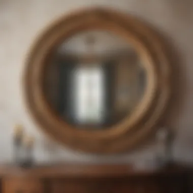 Vintage-style round mirror surrounded by decorative elements