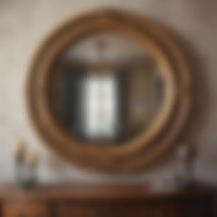 Vintage-style round mirror surrounded by decorative elements