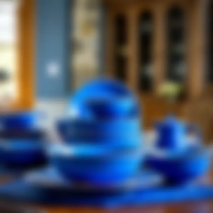 A stunning royal blue dish set elegantly arranged on a dining table