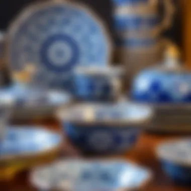 Close-up view of intricate designs and patterns on royal blue dishes