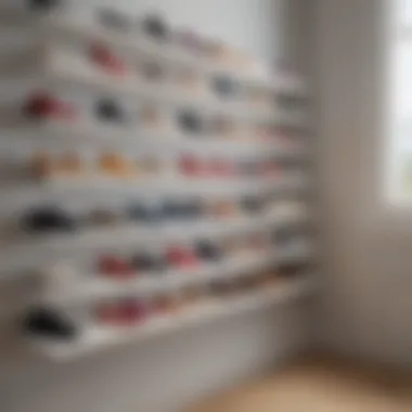 Creative arrangement of various shoe types on wall-mounted shelves