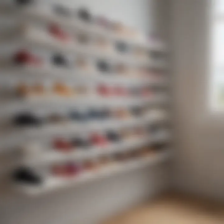 Creative arrangement of various shoe types on wall-mounted shelves