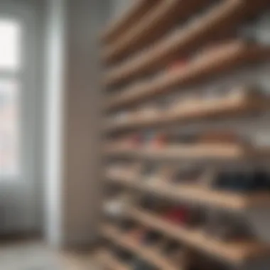 Close-up of wall shelves made from sustainable materials for shoe storage